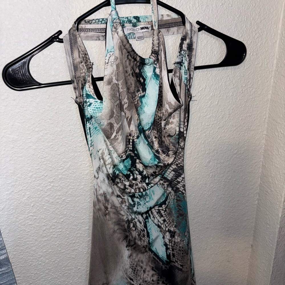 Fashion Nova Backless Dress in Teal and Gray Snake Print